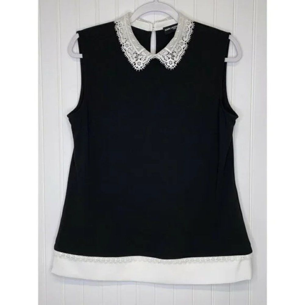 Karl Lagerfeld Lace Collar Sleeveless Top - size Small in Black/White.